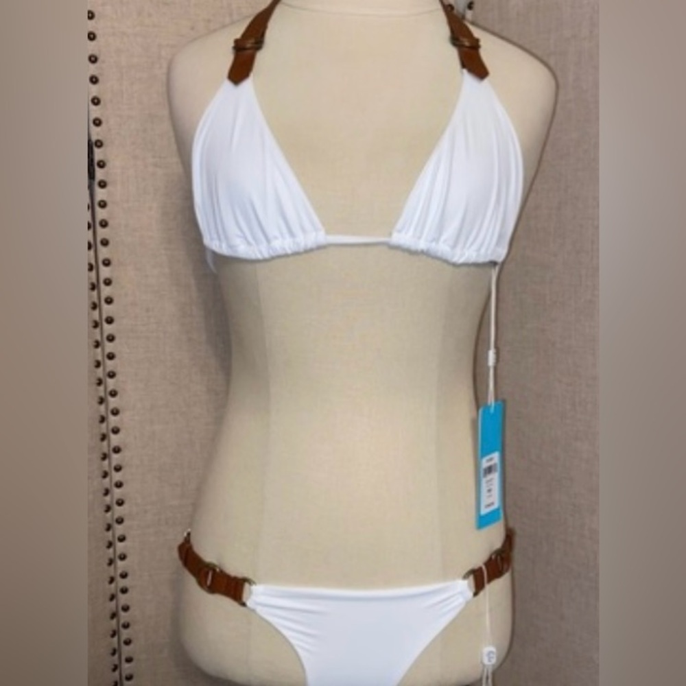 Rare NWT‎ Beach Bunny Ryder Bikini white/leather straps top xl bottom small